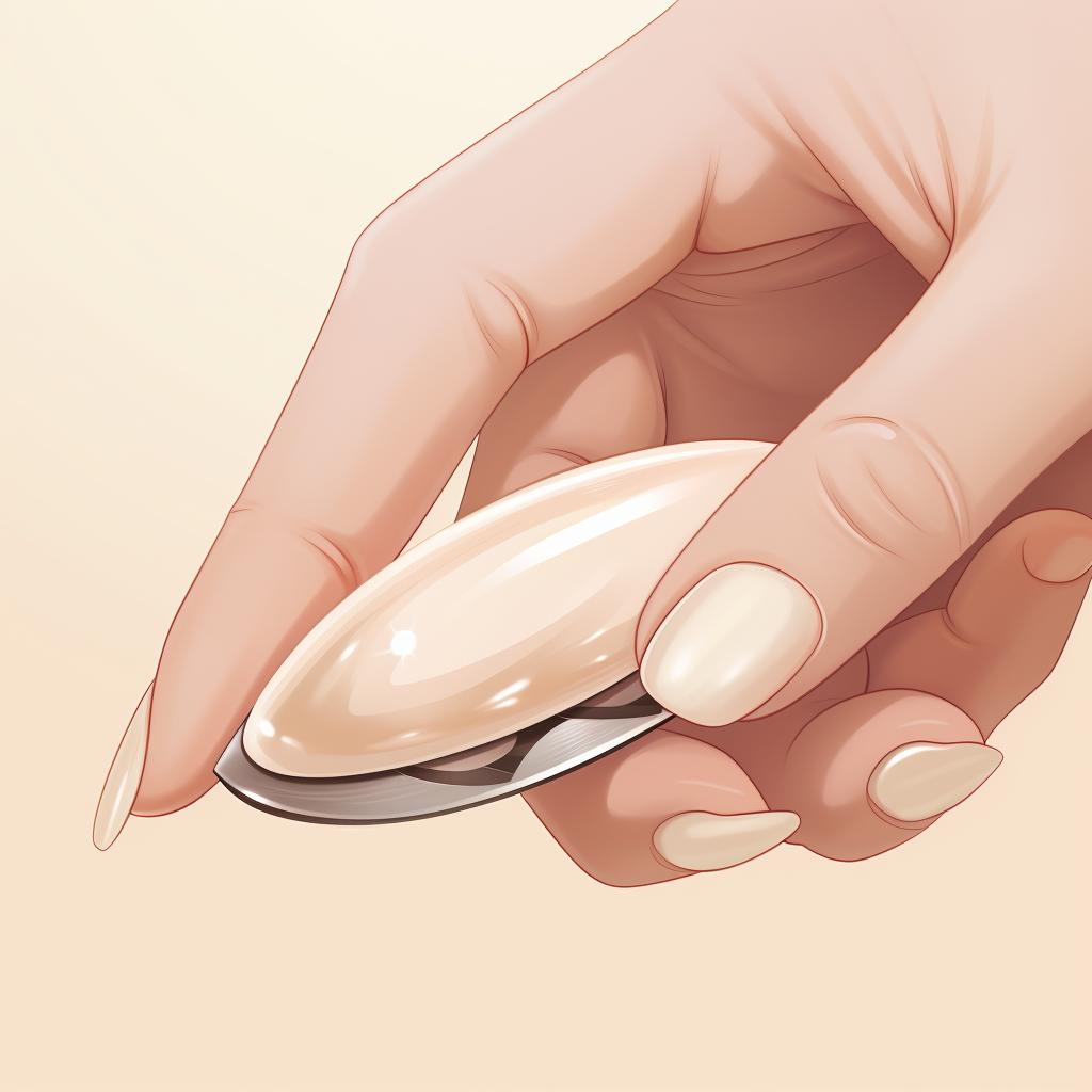 Applying base coat on almond shaped nails