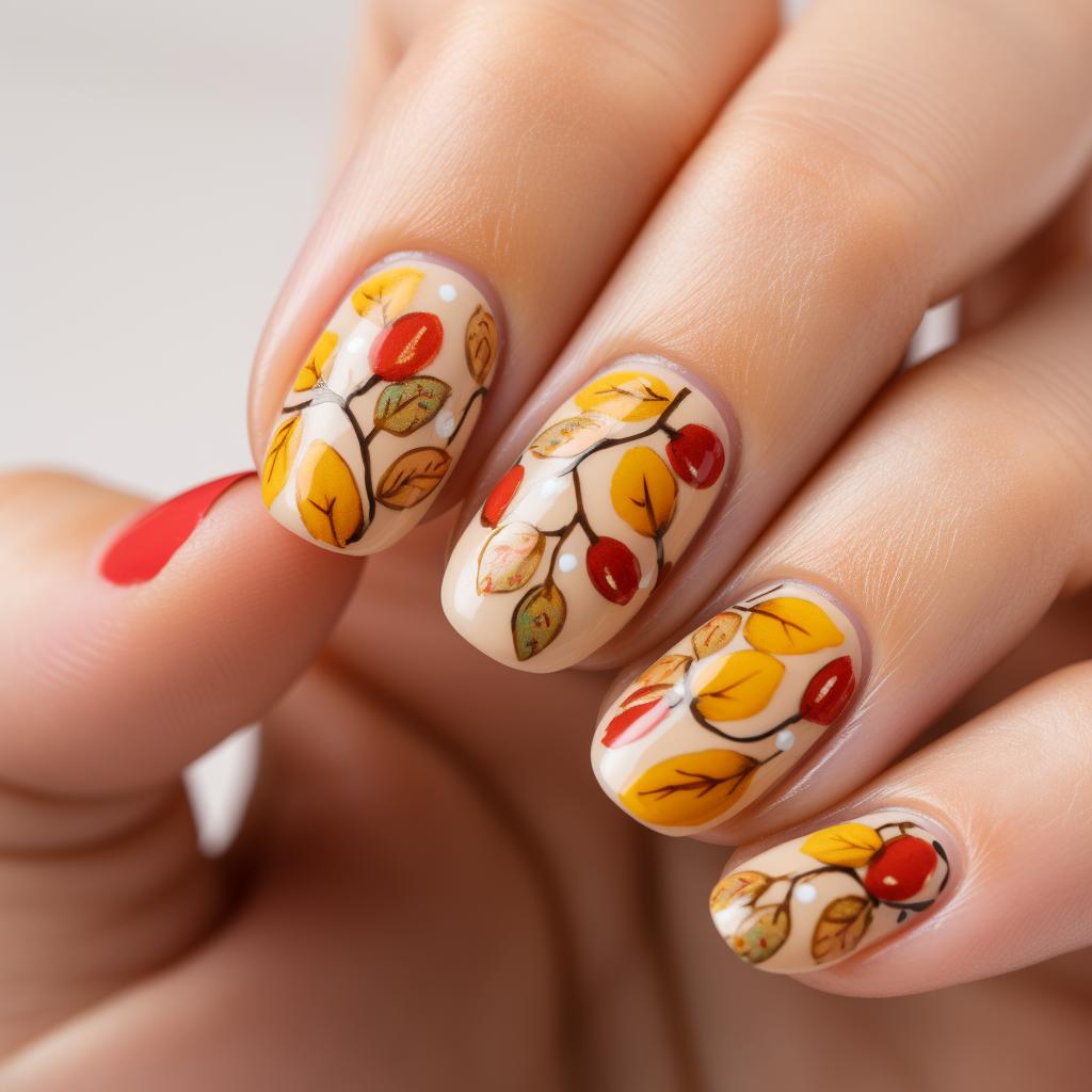 Applying fresh top coat on almond shaped nails with autumn design