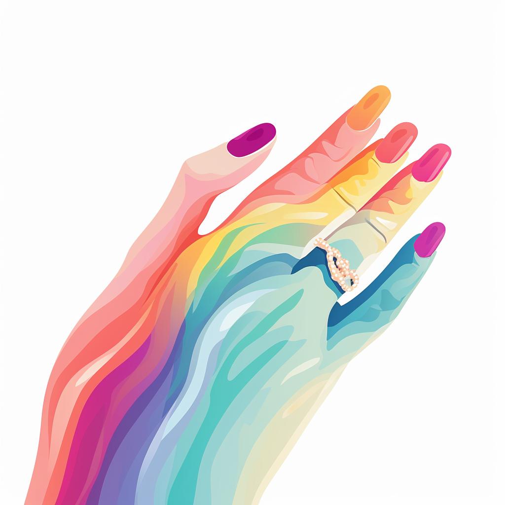 A hand with nails painted in a rainbow ombre design.