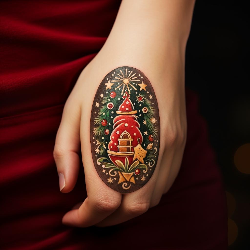 Almond-shaped nails with Christmas symbols, sealed with a glossy top coat